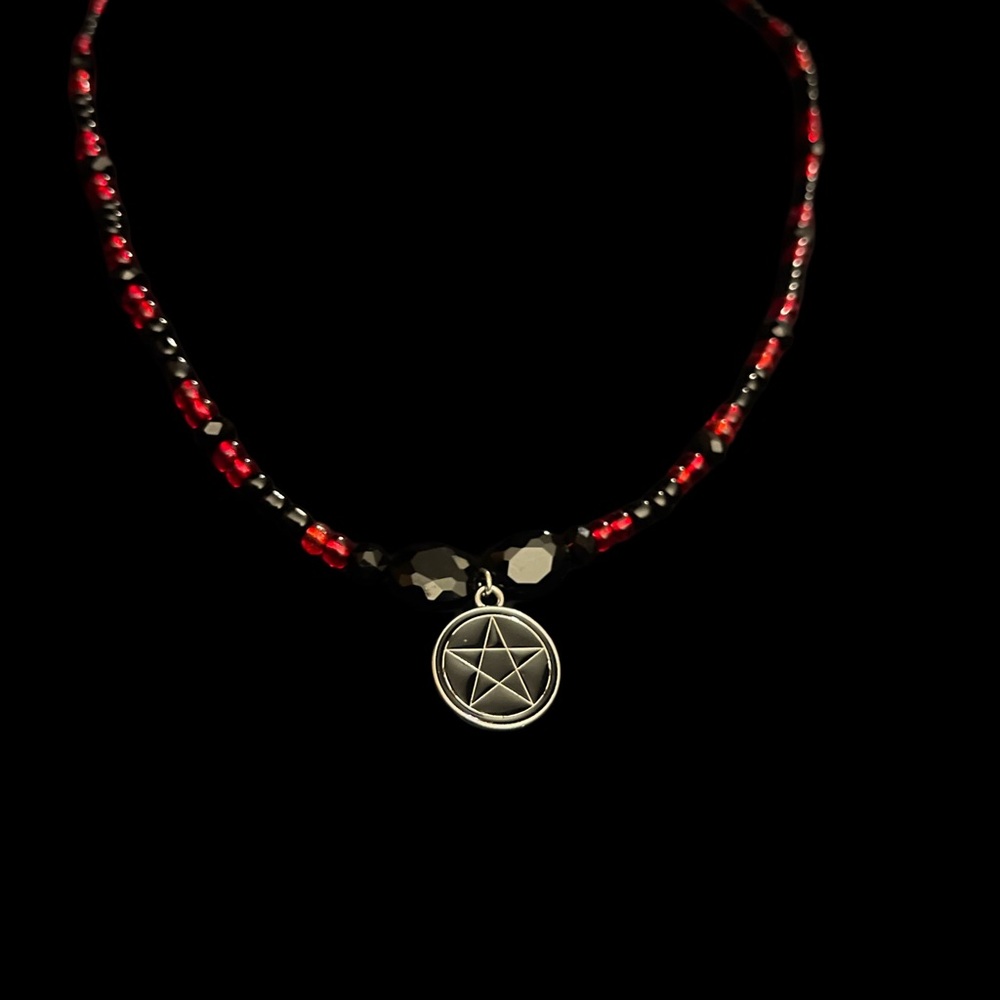 Black and Red Beaded Witchy Necklace